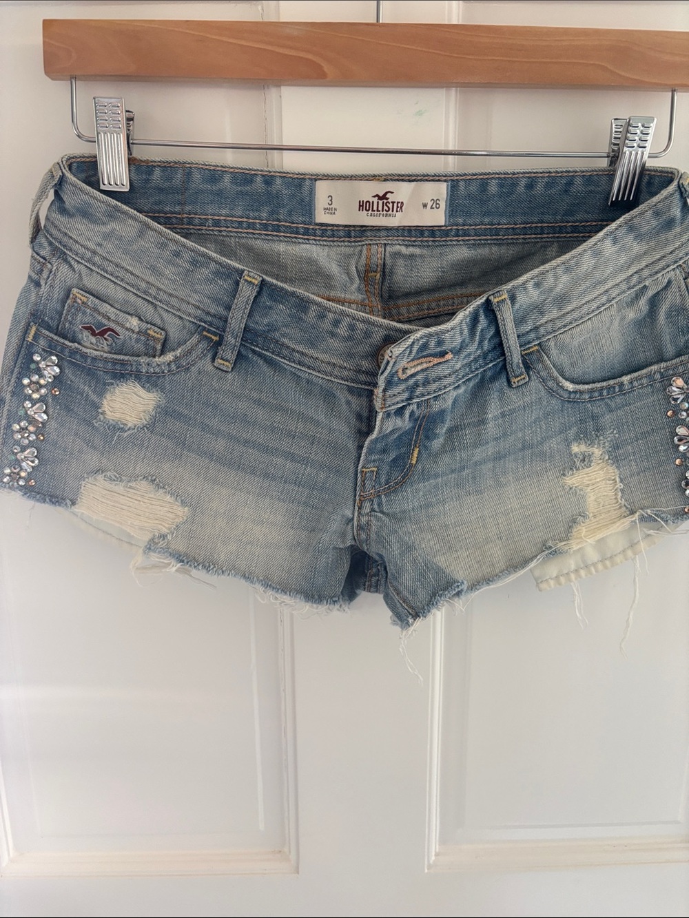 Hollister Light Blue Distressed Denim Cutoff Shorts with Rhinestone Trim